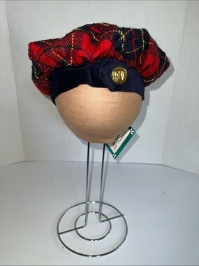 Vintage Kids Red Plaid Boucl'e Beret Navy Band and Gold Button that says LOVE
